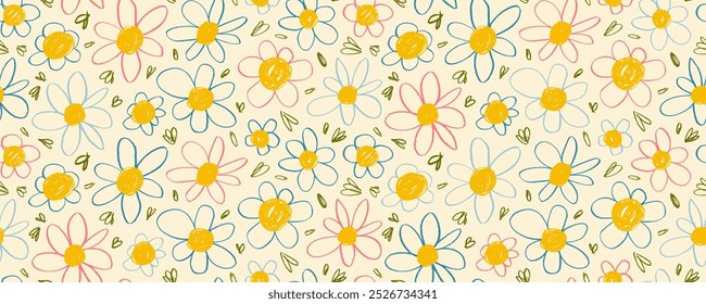 Cute doodle daisy flores sem costura padrão em pastel colorido. Flores de camomila desenhadas à mão desenhadas com giz de cera. Desenho botânico a lápis. Estilo daisy rabiscos da criança. Estilo ingênuo ou primitivo.