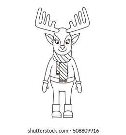Cute doodle deer elk character black and white vector illustration