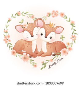 Cute doodle deer with floral illustration