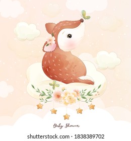 Cute doodle deer with floral illustration