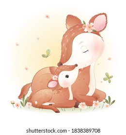 Cute doodle deer with floral illustration