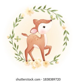 Cute doodle deer with floral illustration