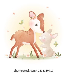 Cute doodle deer and little bunny with floral illustration