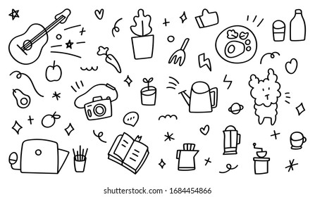 Cute doodle design with home activity for stay home and safe. travel icons, animal and cooking doodle vector template.