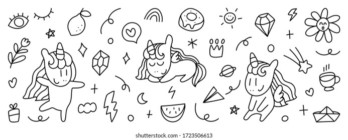 Cute doodle design vector set. Unicorn and diamond, crown, rocket, sun and star hand drown vector illustration.