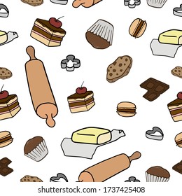 Cute Doodle desserts seamless pattern. Hand drawn colorful vector cartoon forms for cookies, butter, cookies, cake, rolling pin, macarons, chocolate. Isolated on white background.