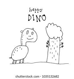 Cute doodle dinisaur isolated on white background. Child drawing style. Design element for textile print, fun greeting cards and kids coloring.