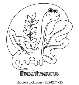 Cute doodle dino, Brachiosaurus 
 with leaves isolated on white background. Vector illustration for postcard, banner, coloring book, design, arts, web, calendar, advirtising.