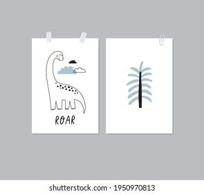 Cute doodle dino. Cartoon illustration dinosaur family. Vector print with cute dino in scandinavian style