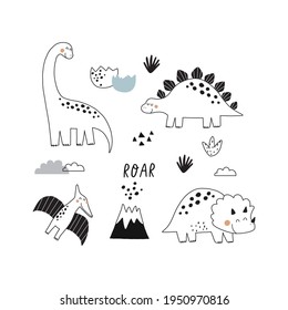 Cute Doodle Dino. Cartoon Illustration Dinosaur Family. Vector Print With Cute Dino In Scandinavian Style