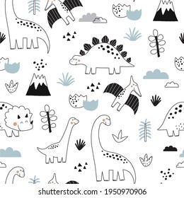 Cute doodle dino. Cartoon illustration dinosaur family. Vector seamless pattern with cute dino in scandinavian style