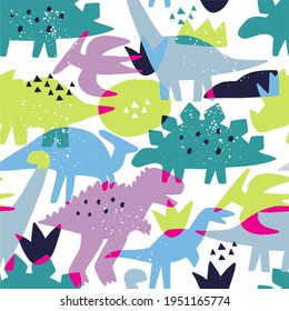 Cute doodle dino. Cartoon illustration dinosaur family. Vector abstract seamless pattern with cute dino in flat style