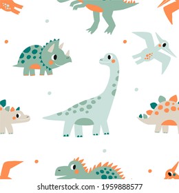 Cute doodle dino. Cartoon illustration dinosaur for children. Vector seamless pattern with cute dino in flat style