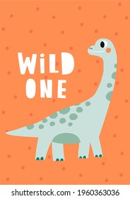 Cute doodle dino. Cartoon illustration dinosaur for children. Vector print with cute dino in flat style