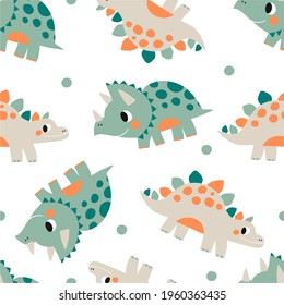 Cute doodle dino. Cartoon illustration dinosaur for children. Vector seamless pattern with cute dino in flat style