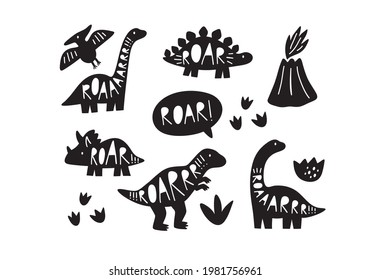 Cabrón de garabatos. Ilustración de caricatura dinosaurio Silhouette. Impresión vectorial con adorable dino al estilo escandinavo. Letras dibujadas a mano - Roar