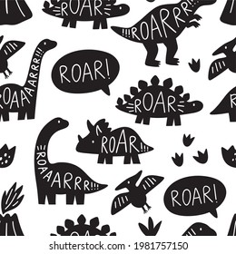 Cute doodle dino. Cartoon illustration dinosaur Silhouette. Vector print with cute dino in scandinavian style. Hand drawn lettering - Roar, seamless pattern