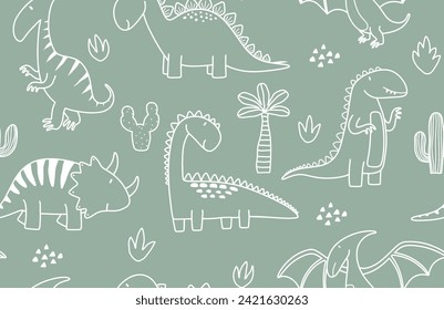 Cute doodle dino seamless pattern, dinosaur pattern, dino pattern.