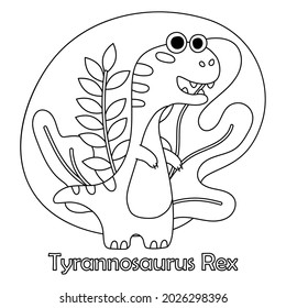 Cute doodle dino, Tyrannosaurus Rex with leaves isolated on white background. Vector illustration for postcard, banner, coloring book, design, arts, web, calendar, advirtising.