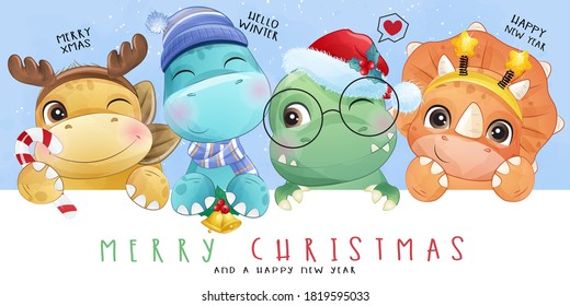 Cute doodle dinosaur for christmas day with watercolor illustration