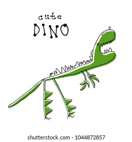 Cute doodle dinosaur isolated on white background. Child drawing style. Design element for textile print, fun greeting cards and kids coloring.
