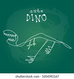 Cute doodle dinosaur isolated on green chalkboard background. Child drawing style. Design element for textile print, fun greeting cards and kids coloring.