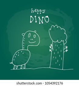Cute doodle dinosaur isolated on green chalkboard background. Child drawing style. Design element for textile print, fun greeting cards and kids coloring.