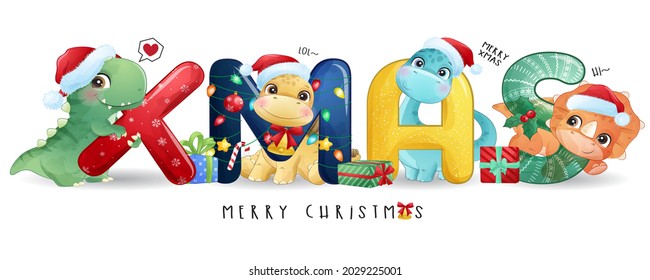 Cute doodle dinosaur for merry christmas illustration