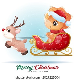Cute doodle dinosaur for merry christmas illustration