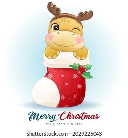 Cute doodle dinosaur for merry christmas illustration