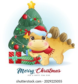 Cute doodle dinosaur for merry christmas illustration