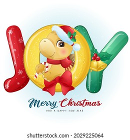 Cute doodle dinosaur for merry christmas illustration