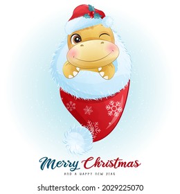 Cute doodle dinosaur for merry christmas illustration