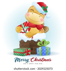 Cute doodle dinosaur for merry christmas illustration