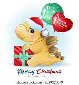 Cute doodle dinosaur for merry christmas illustration