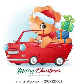 Cute doodle dinosaur for merry christmas illustration