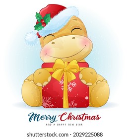 Cute doodle dinosaur for merry christmas illustration