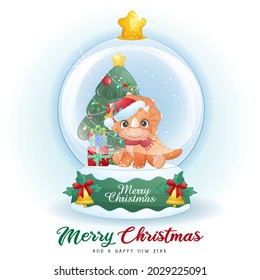 Cute doodle dinosaur for merry christmas illustration