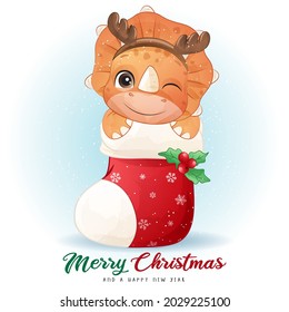 Cute doodle dinosaur for merry christmas illustration