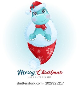 Cute doodle dinosaur for merry christmas illustration