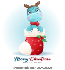 Cute doodle dinosaur for merry christmas illustration