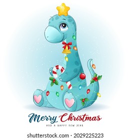 Cute doodle dinosaur for merry christmas illustration