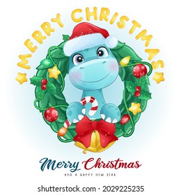 Cute doodle dinosaur for merry christmas illustration