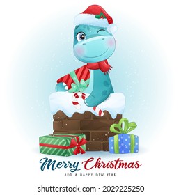 Cute doodle dinosaur for merry christmas illustration