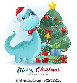 Cute doodle dinosaur for merry christmas illustration