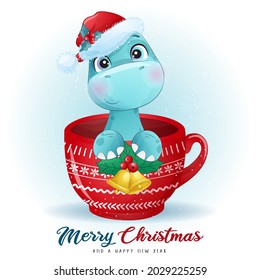 Cute doodle dinosaur for merry christmas illustration