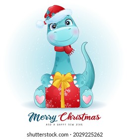 Cute doodle dinosaur for merry christmas illustration