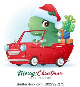 Cute doodle dinosaur for merry christmas illustration