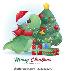 Cute doodle dinosaur for merry christmas illustration