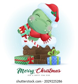 Cute doodle dinosaur for merry christmas illustration